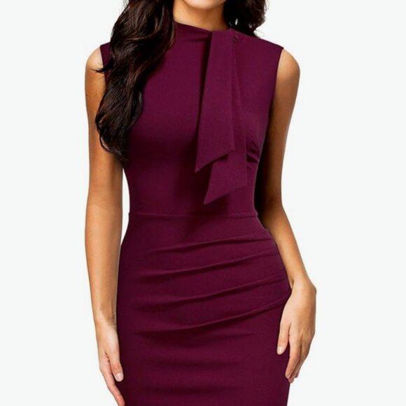 Retro 1950s Style Dress, Half Collar, Ruffle, Pencil Dress by Miusol Burgundy Sm - Picture 3 of 10